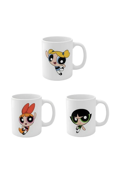 ALPŞAN TİCARET  3'lü Powerpuff Girls Tasarım Baskılı Premium Beyaz Porselen Kupa Bardak