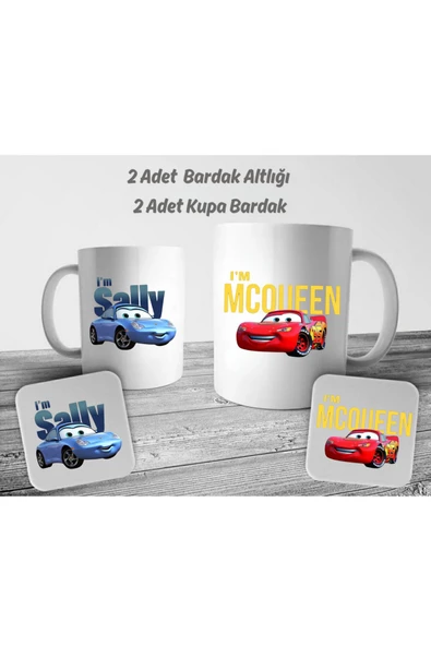 ALPŞAN TİCARET  MCQUEEN & I'M SALLY Cars Filmi 4'lü Sevgili/Çift/Arkadaş Kupa Bardak Seti ürün görseli