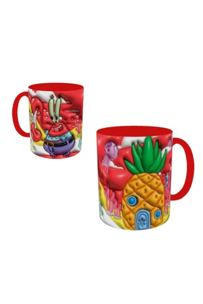 ALPŞAN TİCARET  Sünger Bob Kupa Bardak Süngerbob Bardak İçi ve Kulbu Kırmızı - Resim 3