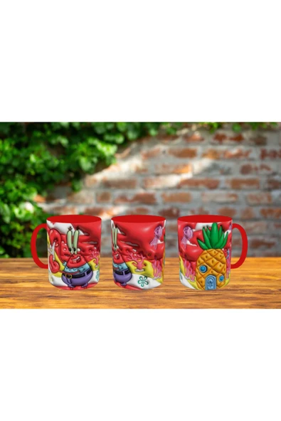 ALPŞAN TİCARET  Sünger Bob Kupa Bardak Süngerbob Bardak İçi ve Kulbu Kırmızı - Resim 2