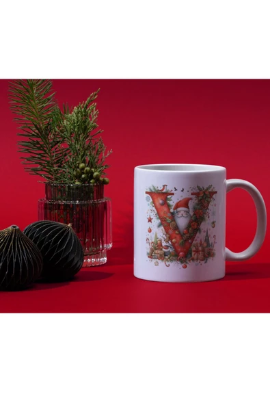 ALPŞAN TİCARET  Yılbaşı Temalı V Harfli Kupa Bardak Yeni Yıl Konseptli Kişiye Özel İsme Özel Kupa ürün görseli