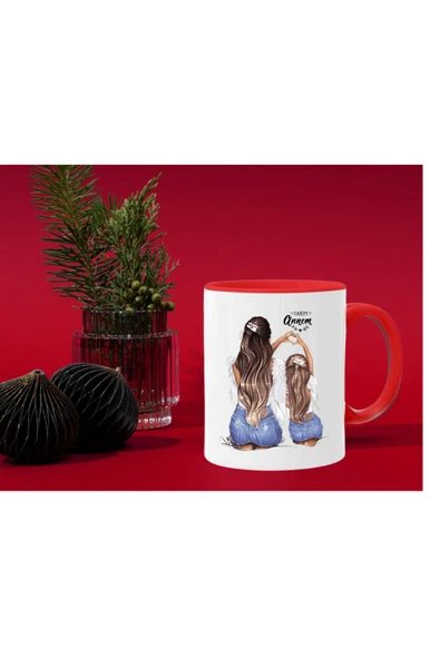 ALPŞAN TİCARET  Canım Annem Kırmızı Beyaz Kupa Anne Kız Kupa Bardak Anne Özel Kupa - Resim 2