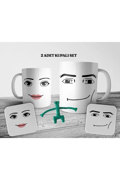 ALPŞAN TİCARET  Roblox Man & Woman Face 2 Adet Kupa Bardak Ve Bardak Altlığı Seti