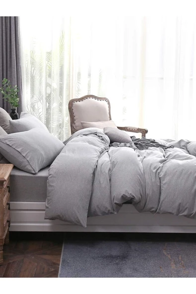 Soft Gri Çift Kişilik Çarşafı Lastikli Pamuk Nevresim Takımı - 4