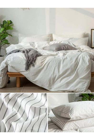 Çizgili White Striped Çocuk ve Genç Tek Kişilik Pamuk Lastikli Nevresim Takımı - 6