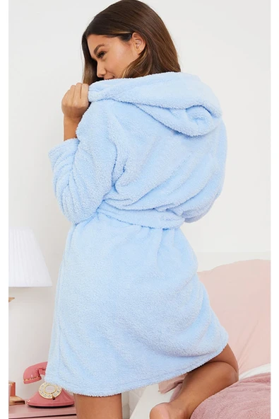Süper Soft Açık Mavi Kapüşonlu Welsoft Sabahlık - 2