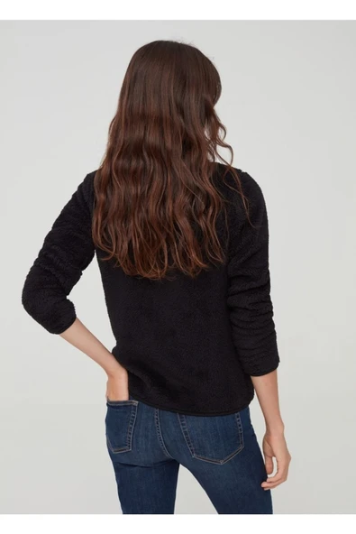 Kadın Welsoft Siyah Fermuarlı Ceket Polar Hırka - 3