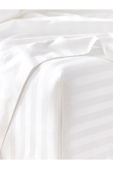 Beyaz Çizgili Saten Çarşafı Lastikli Çift Kişilik Premium Otel Nevresim Takımı - 4