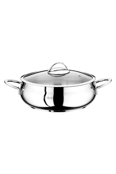 OMS 2031 Küre Basık Çelik Tencere 24x8 Cm Cam Kapak Metal Kulp