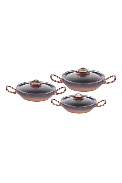 OMS PASLANMAZ 3032 - 6 Parça, Biogranit, Yapıştırmaz ( 18-20-22 Cm ) Sahan Seti, Siyah Bakır Gövde, Bakır Detay