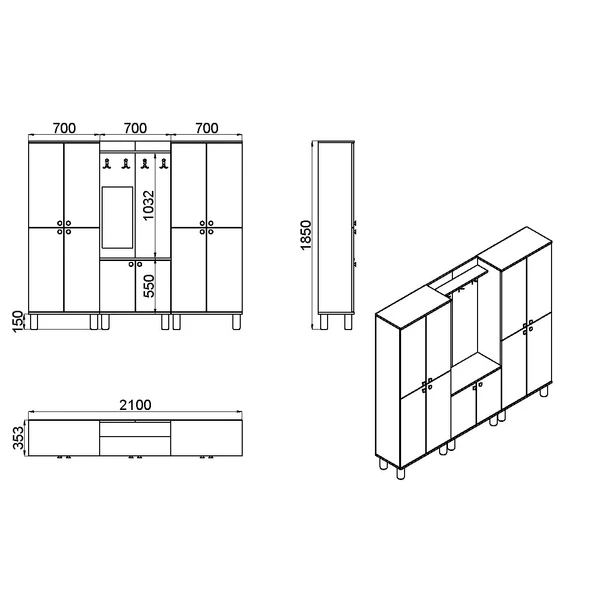 Ferda-1-3-3 Bohem Ayaklı Aynalı Ayakkabılık Portmanto Vestiyer - Resim 7