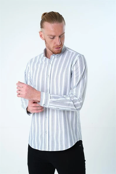 İntersivin Rahat Kalıp Çizgi Detaylı %100 Pamuk Erkek Gömlek - Resim 3