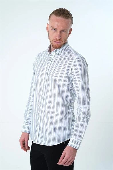 İntersivin Rahat Kalıp Çizgi Detaylı %100 Pamuk Erkek Gömlek - Resim 5