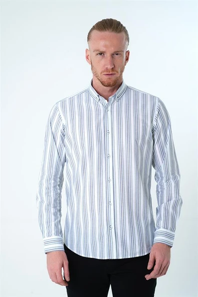 İntersivin Rahat Kalıp Çizgi Detaylı %100 Pamuk Erkek Gömlek - Resim 4