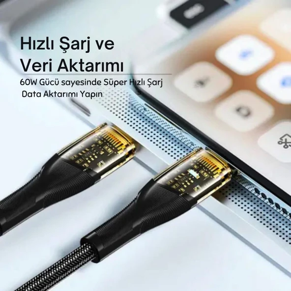 Essager 1 Metre PD 60W Led Işıklı Süper Hızlı Type C To Type C Şarj Data Kablosu, Akım,Isı, Güçlü Kablo - 3