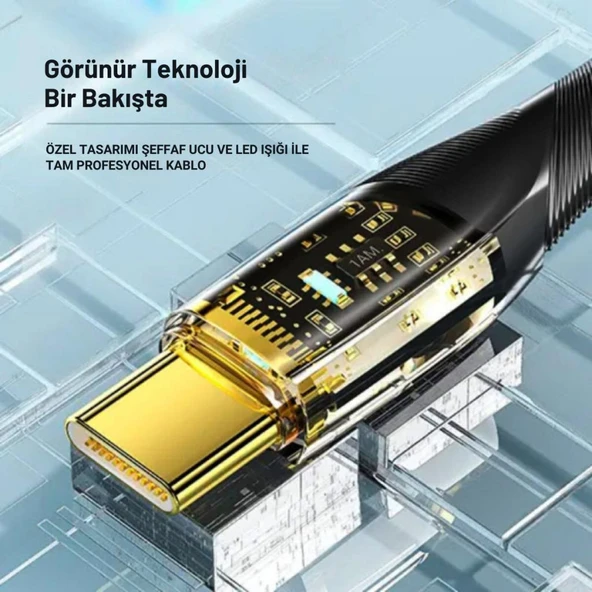 Essager 1 Metre PD 60W Led Işıklı Süper Hızlı Type C To Type C Şarj Data Kablosu, Akım,Isı, Güçlü Kablo - 2