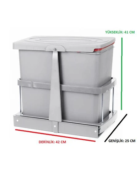 ÇÖP KOVASI 12+12LT GRİ AFEKS TELESKOPİK RAYLI - 2