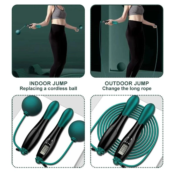 Valkyrie Çift Led Dijital Sayaçlı 4 Modlu Akıllı Çelik İp Atlama Fitness Kondsiyon Yeşil - 9