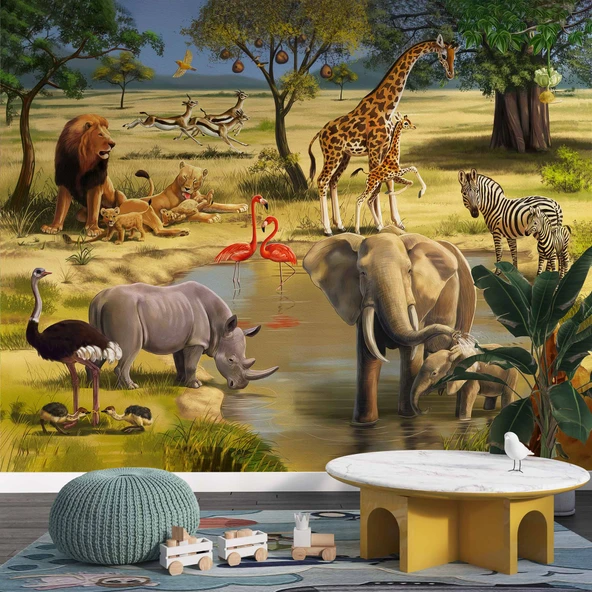 Safari Orman Hayvanat Bahçesi Çocuk Odası Duvar Kağıdı - Resim 3