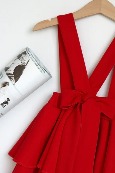 Kız Çocuk Helen Kırmızı Askılı Kat Kat Bağlama Jile Elbise - 2