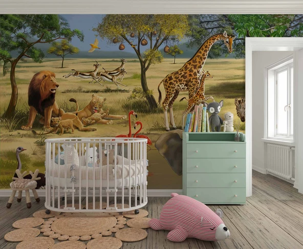 Safari Orman Hayvanat Bahçesi Çocuk Odası Duvar Kağıdı - Resim 2