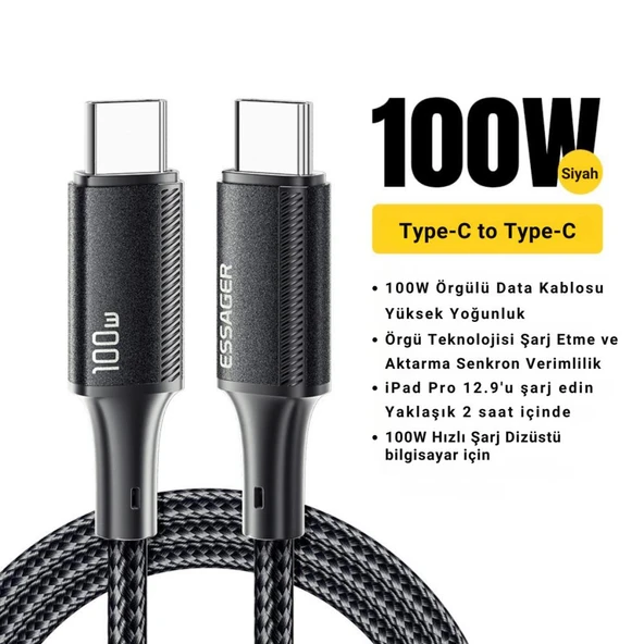 Essager 1 Metre PD 100W Süper Hızlı Type C To Type C Şarj Data Kablosu, E-marker Çipli Akıllı Şarj Kablosu - 2