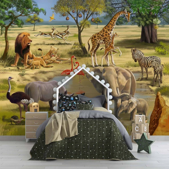 Safari Orman Hayvanat Bahçesi Çocuk Odası Duvar Kağıdı - Resim 4