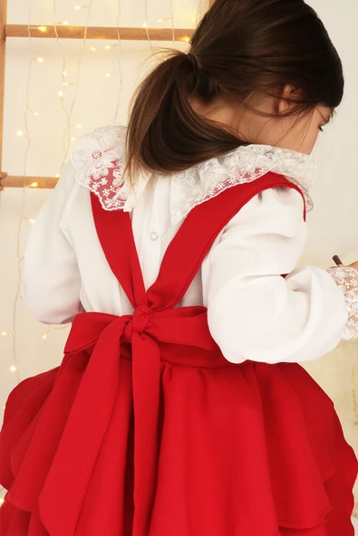 Kız Çocuk Helen Kırmızı Askılı Kat Kat Bağlama Jile Elbise - 8