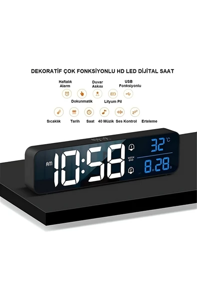 anaway shopping HD LED Ekranlı Aynalı Elektronik Masa Saati  Sıcaklık Tarih Dijital - 6