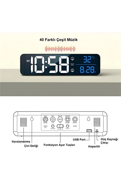 anaway shopping HD LED Ekranlı Aynalı Elektronik Masa Saati  Sıcaklık Tarih Dijital - 5
