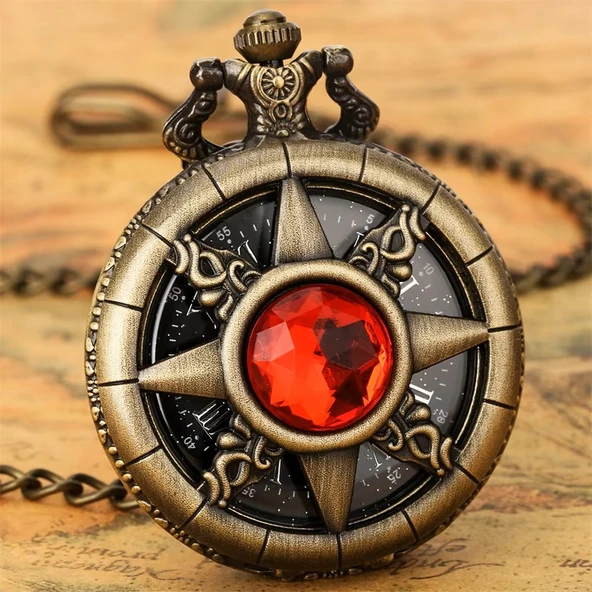 Lüx Kırmızı taşlı Bronz Renkli Antik Güneş Ve Kutup Yıldızı Figürlü Saat Kadın Kolye SL10415 - 3