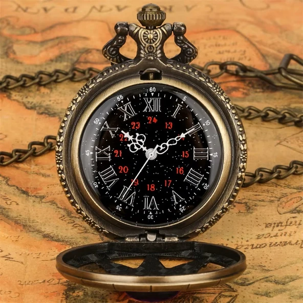 Lüx Kırmızı taşlı Bronz Renkli Antik Güneş Ve Kutup Yıldızı Figürlü Saat Kadın Kolye SL10415 - 2