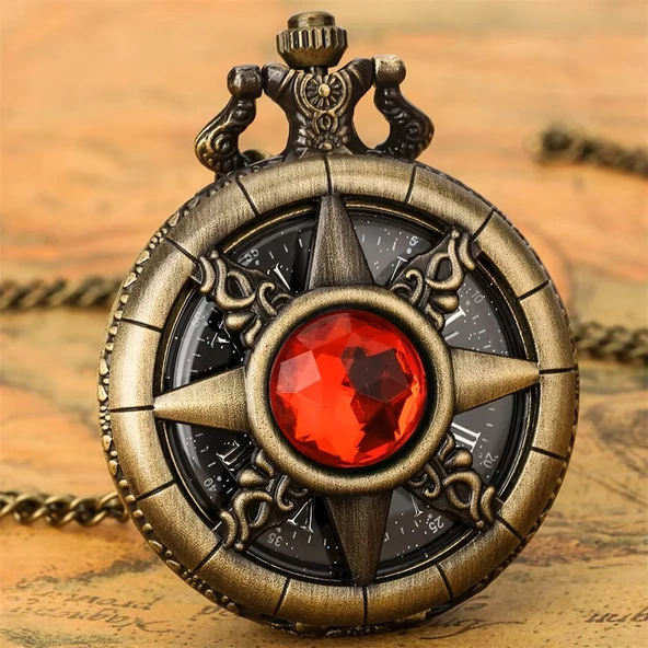 Lüx Kırmızı taşlı Bronz Renkli Antik Güneş Ve Kutup Yıldızı Figürlü Saat Kadın Kolye SL10415