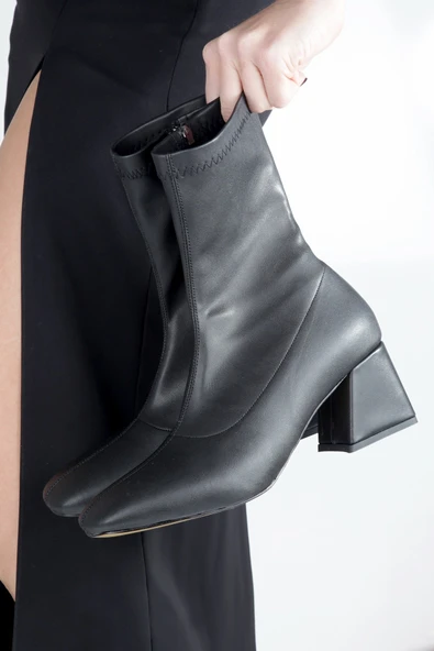 Stomer Siyah Streç Küt Burun Topuklu Bot - 6