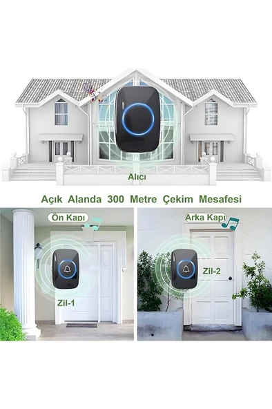 Kablosuz Kapı Zili 2 Buton + 1 Zil Ledli Uzaktan Kumandalı Işıklı Kapı Zili Yüksek Sesli 300mt Uzun Mesafeli - 5