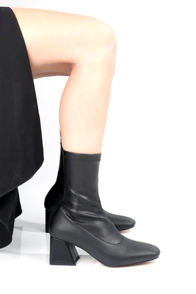 Stomer Siyah Streç Küt Burun Topuklu Bot - 3