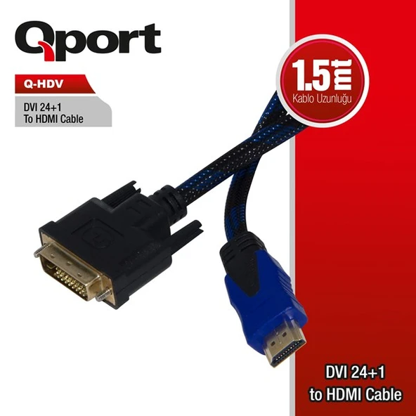 <![CDATA[QPORT Q-HDV 1.5metre DVI (24+1)-HDMI Converter Çevirici Kablo]]>