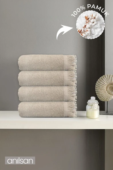 4'lü Bej Jelena El Havlusu - 50x90 Cm, 225 Gr, %100 Pamuk, Spa Ve Otel Havlusu, Günlük Kullanıma Uygun