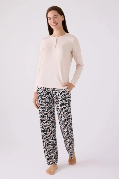 Arnetta 3113 Büyük Beden Kadın Desenli Düğmeli Uzun Kollu Pijama Takımı