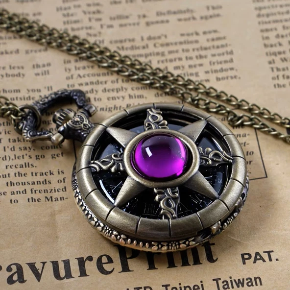 Lüx Mor taşlı Bronz Renkli Antik Güneş Ve Kutup Yıldızı Figürlü Saat Kadın Kolye SL10418 - Resim 4