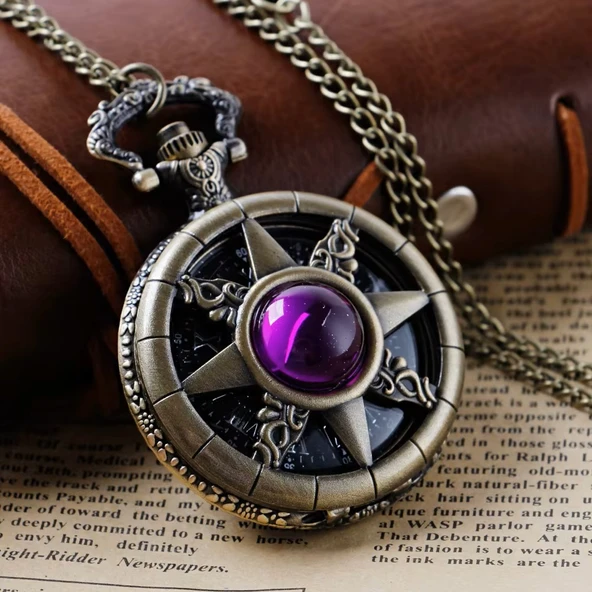 Lüx Mor taşlı Bronz Renkli Antik Güneş Ve Kutup Yıldızı Figürlü Saat Kadın Kolye SL10418 - Resim 6
