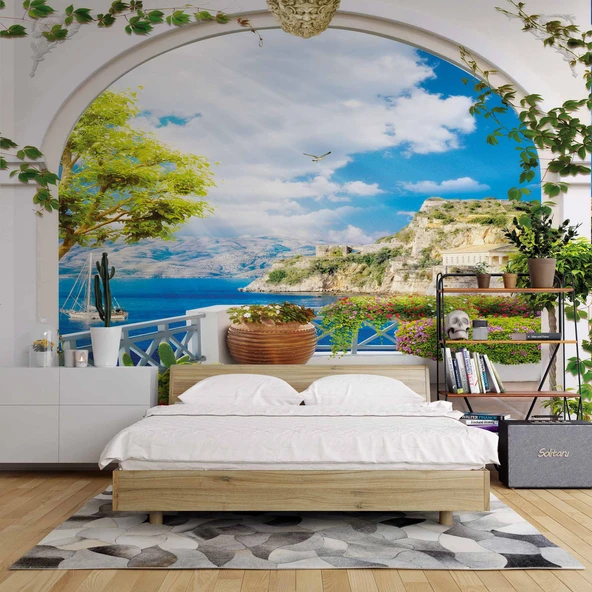 Balkon ve Deniz Manzaralı Duvar Kağıdı - Resim 2