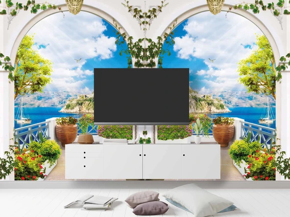 Balkon ve Deniz Manzaralı Duvar Kağıdı - Resim 3