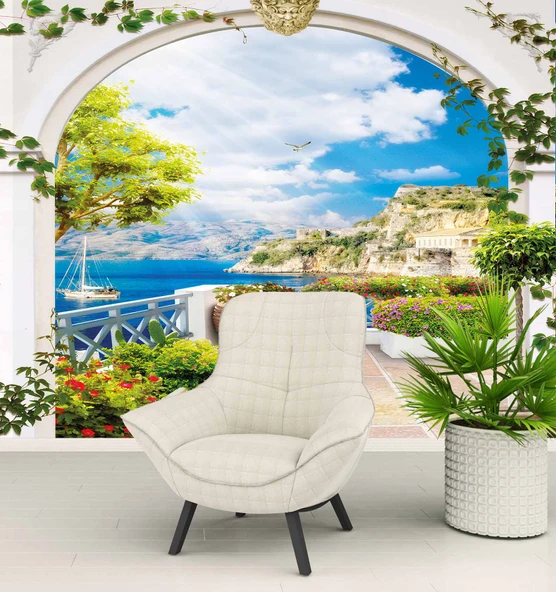 Balkon ve Deniz Manzaralı Duvar Kağıdı - Resim 6