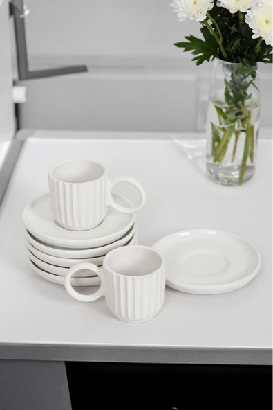 Akkoyunlu home 6 Kişilik Lüx Seramik Çizgili Kahve Fincanı Türk Kahvesi Fincanı 90 Ml - 3