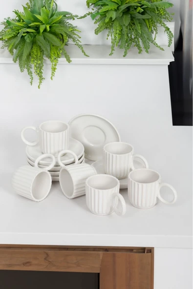 Akkoyunlu home 6 Kişilik Lüx Seramik Çizgili Kahve Fincanı Türk Kahvesi Fincanı 90 Ml - 2