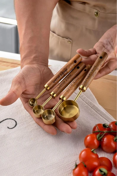 Sezka Life Altın Kaplama Paslanmaz Çelik Ölçü Kaşıkları, Akasya Ağacı Kulplu, Ölçü Kaşığı 4 Parç