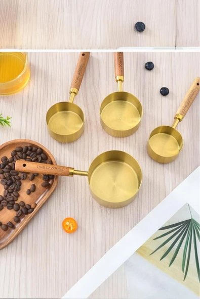 Akkoyunlu home Altın Kaplama Paslanmaz Çelik Ölçü Kaşıkları, Akasya Ağacı Kulplu, Ölçü Kaşığı Büyük - 3