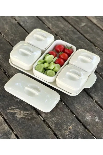 Akkoyunlu home 5'li Porselen Kaşıksız Kahvaltılık Kapaklı Tepsili Sunumluk - 2