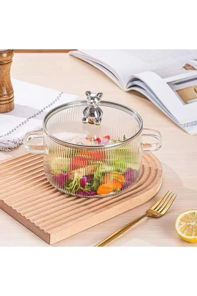 Akkoyunlu home Figürlü Isıya Dayanıklı Çelik Kapaklı Çizgili Cam Tencere Çorba, Salata Tenceresi1.7L